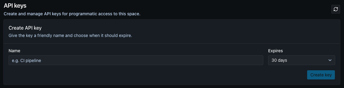 API keys page